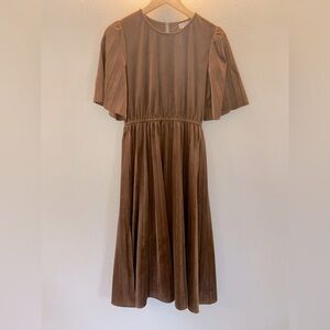 ROOLEE chocolate brown velvet pleated midi dress